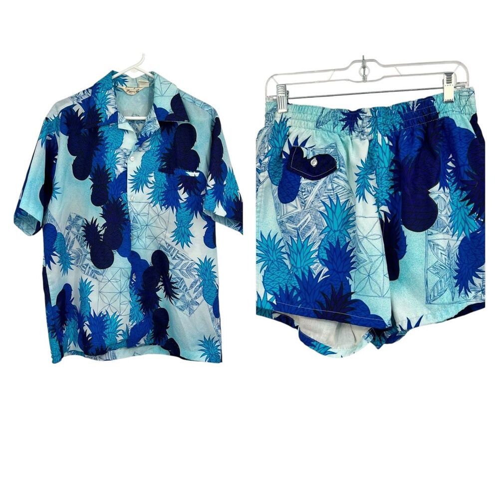 VTG Liberty House Tropicana Hawaii Hawaiian Button Shirt Shorts Blue Pineapple